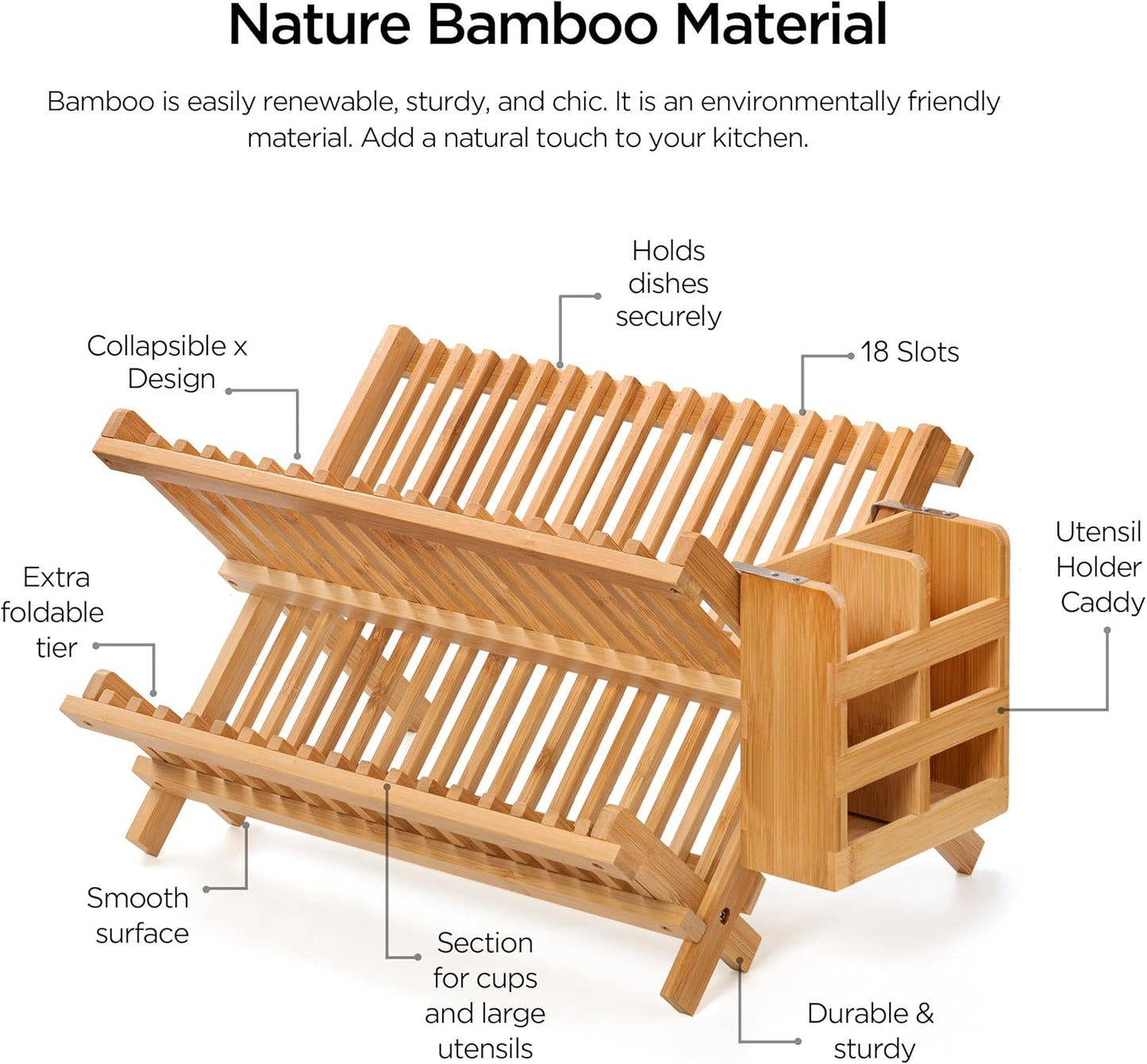 Bamboo Dish Drying Rack with Utensil Holder, 2 Tier Collapsible Dish Rack for Kitchen Counter, Large Folding Drying Holder, Dish Drainer, Kitchen Organizers and Storage