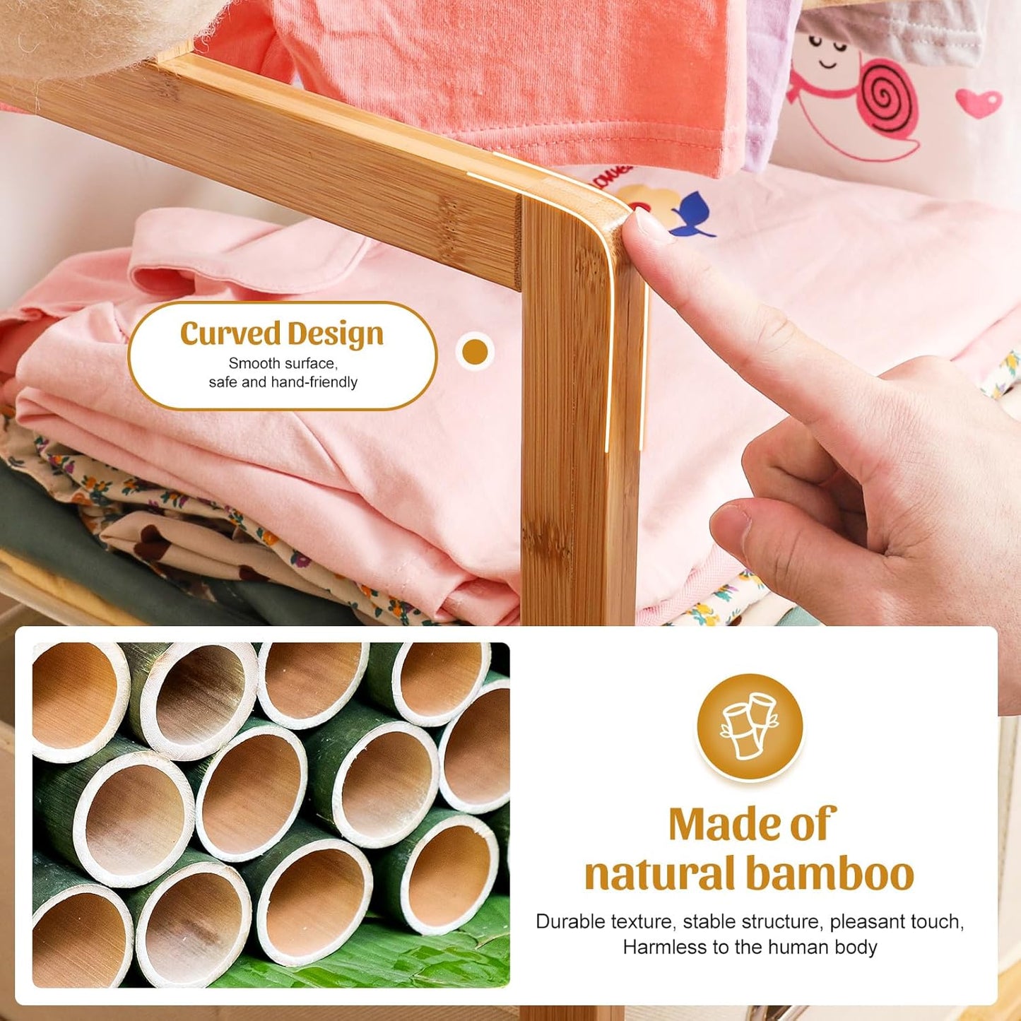 Kids Clothing Rack Bamboo with 2 Storage Baskets and 2 Adjustable Hanging Rods,Child Garment Holder with Shelf, Dress up Racks for Playroom,Toddlers Bedroom (Natural)