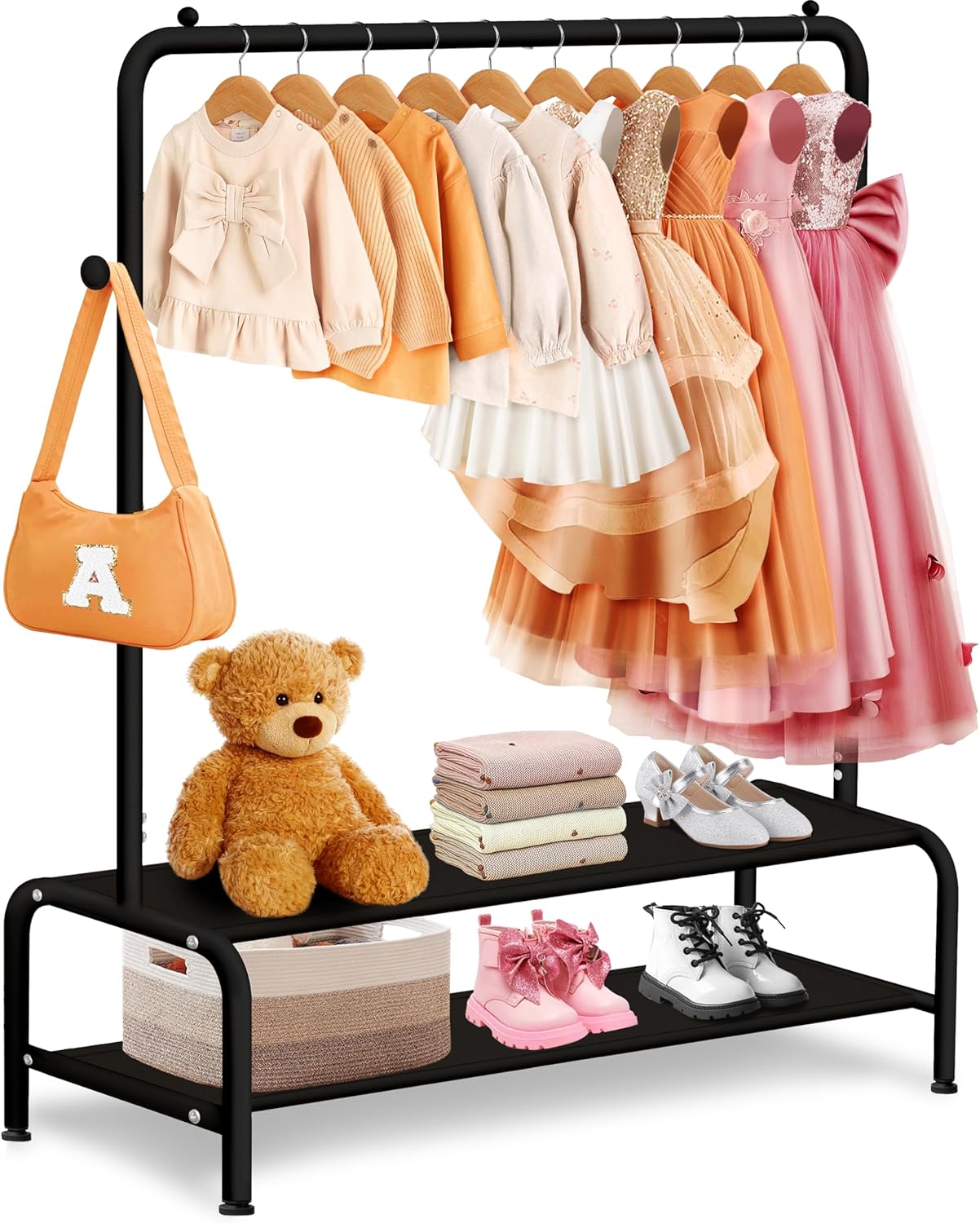 Kids Clothing Rack - Dress Up Storage - Dress Up Rack for Little Girls - Small Kids Costume Wardrobe with 2 Fabric Shelves - Princess Room Bedroom Decor