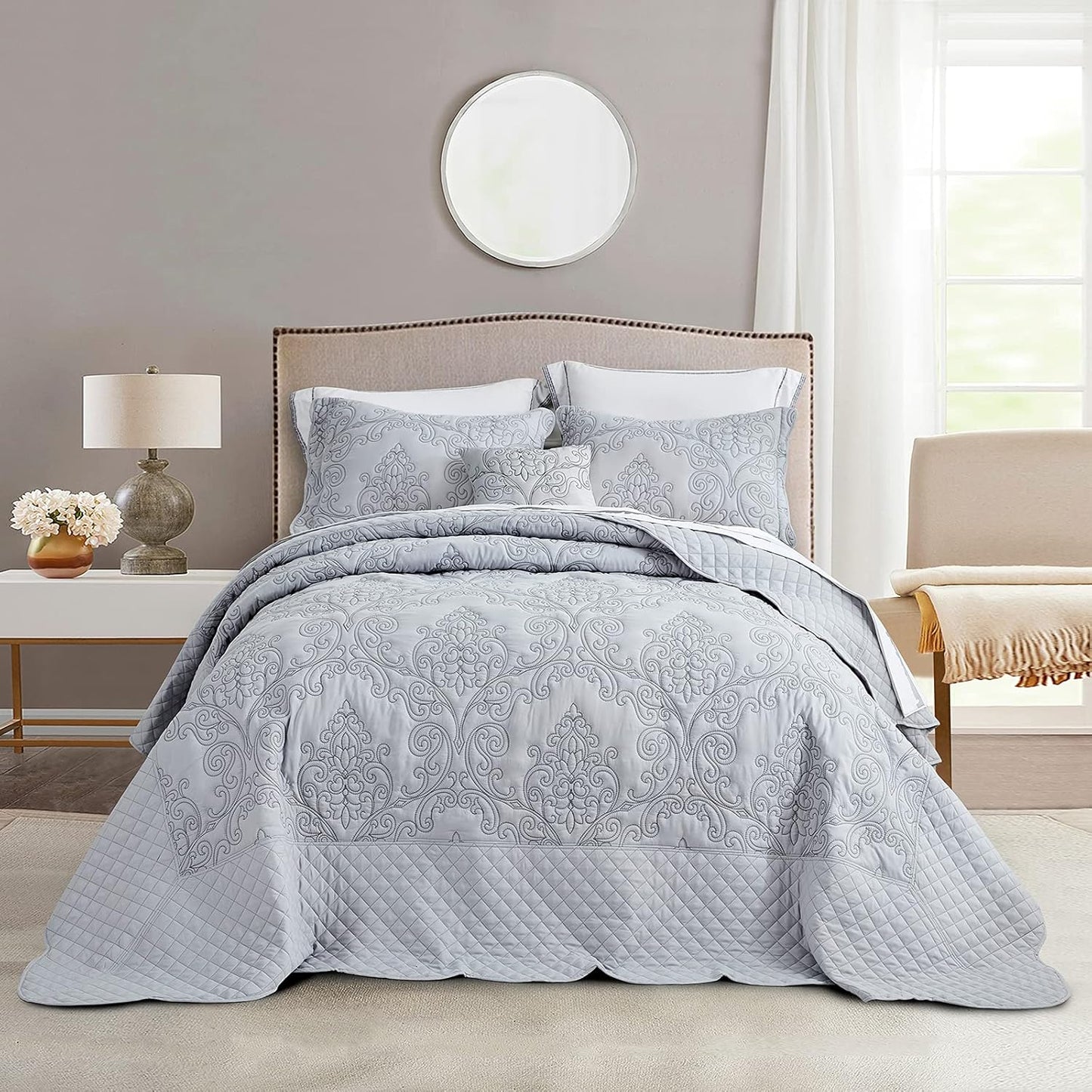 CHIXIN Oversized Bedspread Coverlet Set King Size - Lightweight Bedding Cover - Beautiful Stitching - 5 Piece Reversible Bedspread - Luxury Damask Paisley Pattern (King, Lagoon)