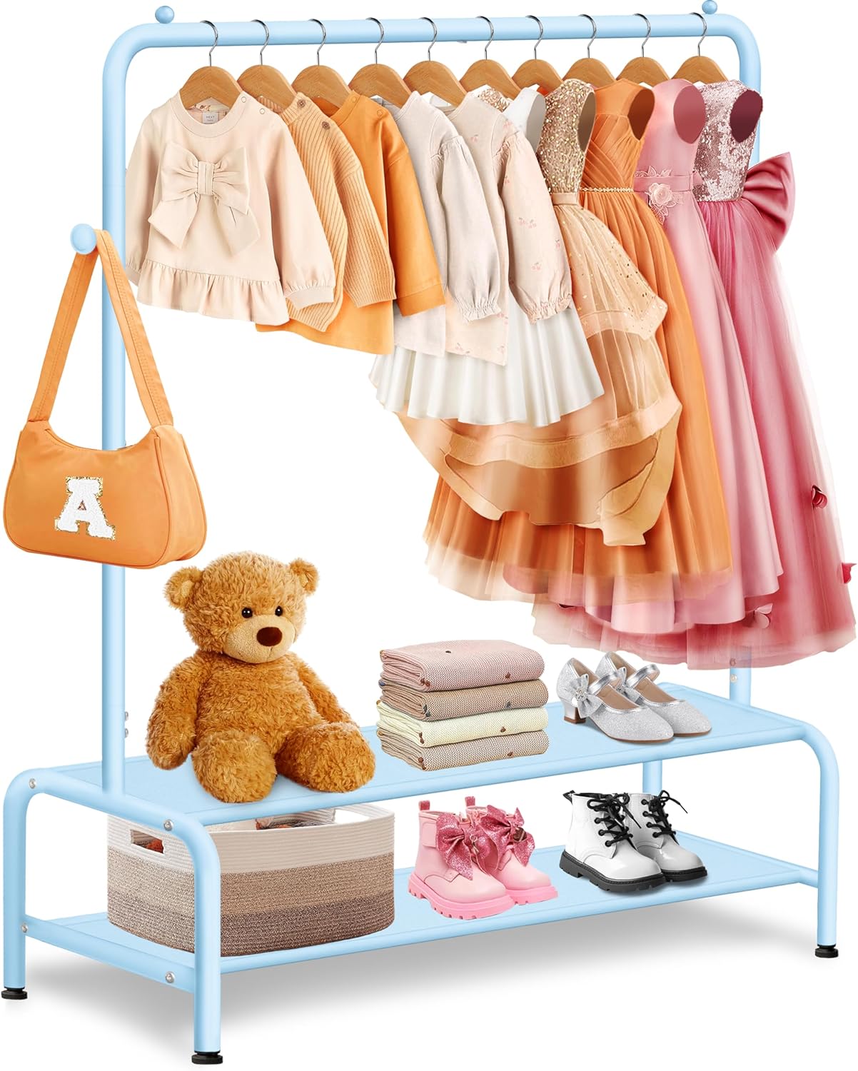 Kids Clothing Rack - Dress Up Storage - Dress Up Rack for Little Girls - Small Kids Costume Wardrobe with 2 Fabric Shelves - Princess Room Bedroom Decor