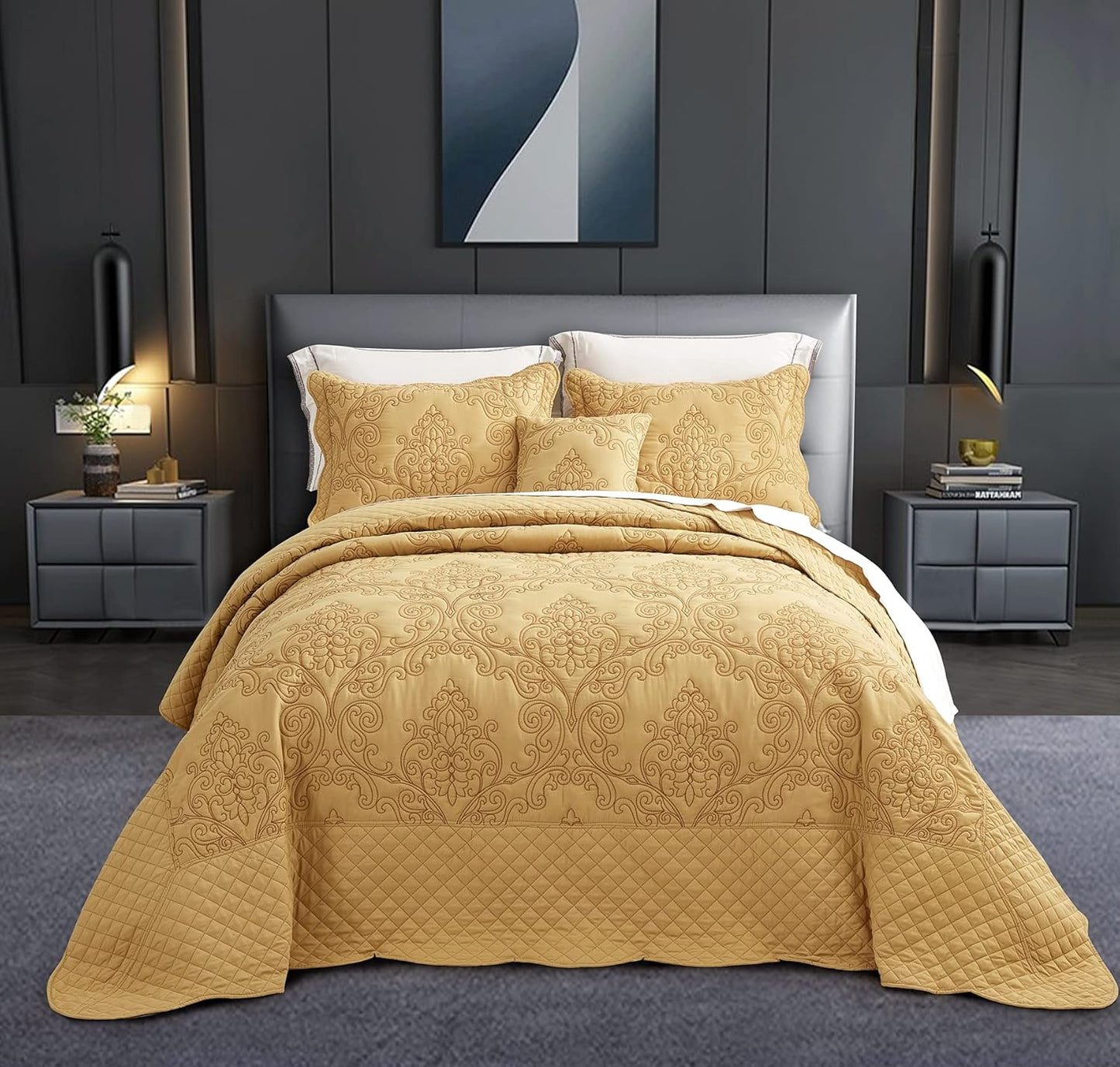 CHIXIN Oversized Bedspread Coverlet Set King Size - Lightweight Bedding Cover - Beautiful Stitching - 5 Piece Reversible Bedspread - Luxury Damask Paisley Pattern (King, Lagoon)