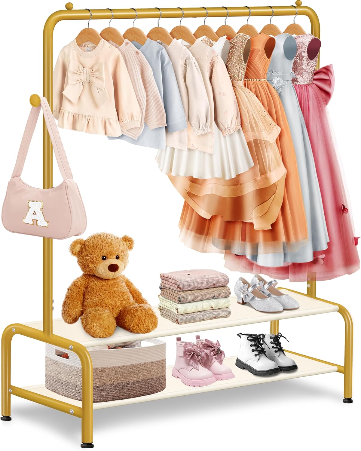 Kids Clothing Rack - Dress Up Storage - Dress Up Rack for Little Girls - Small Kids Costume Wardrobe with 2 Fabric Shelves - Princess Room Bedroom Decor