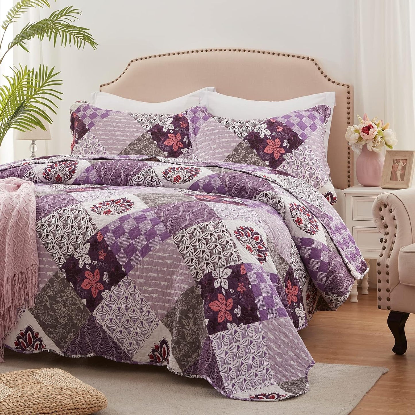 LEAONME Quilt Set Full/Queen Size 3 Piece Bedspread Coverlet Lightweight Comforter Microfiber Bedding Set All Season Oversized 90x98 Inch Bed Cover Bohemian Burnt Orange/Rust(1 Quilt,2 Pillow Shams)