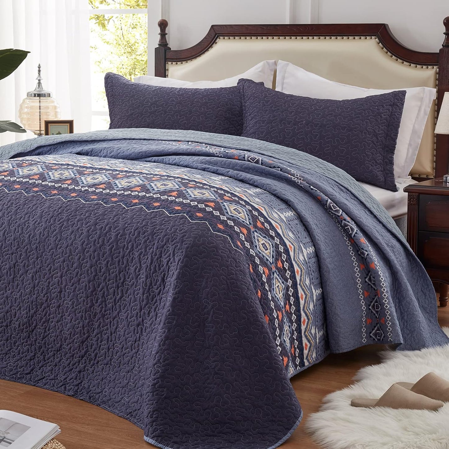 LEAONME Quilt Set Full/Queen Size 3 Piece Bedspread Coverlet Lightweight Comforter Microfiber Bedding Set All Season Oversized 90x98 Inch Bed Cover Bohemian Burnt Orange/Rust(1 Quilt,2 Pillow Shams)