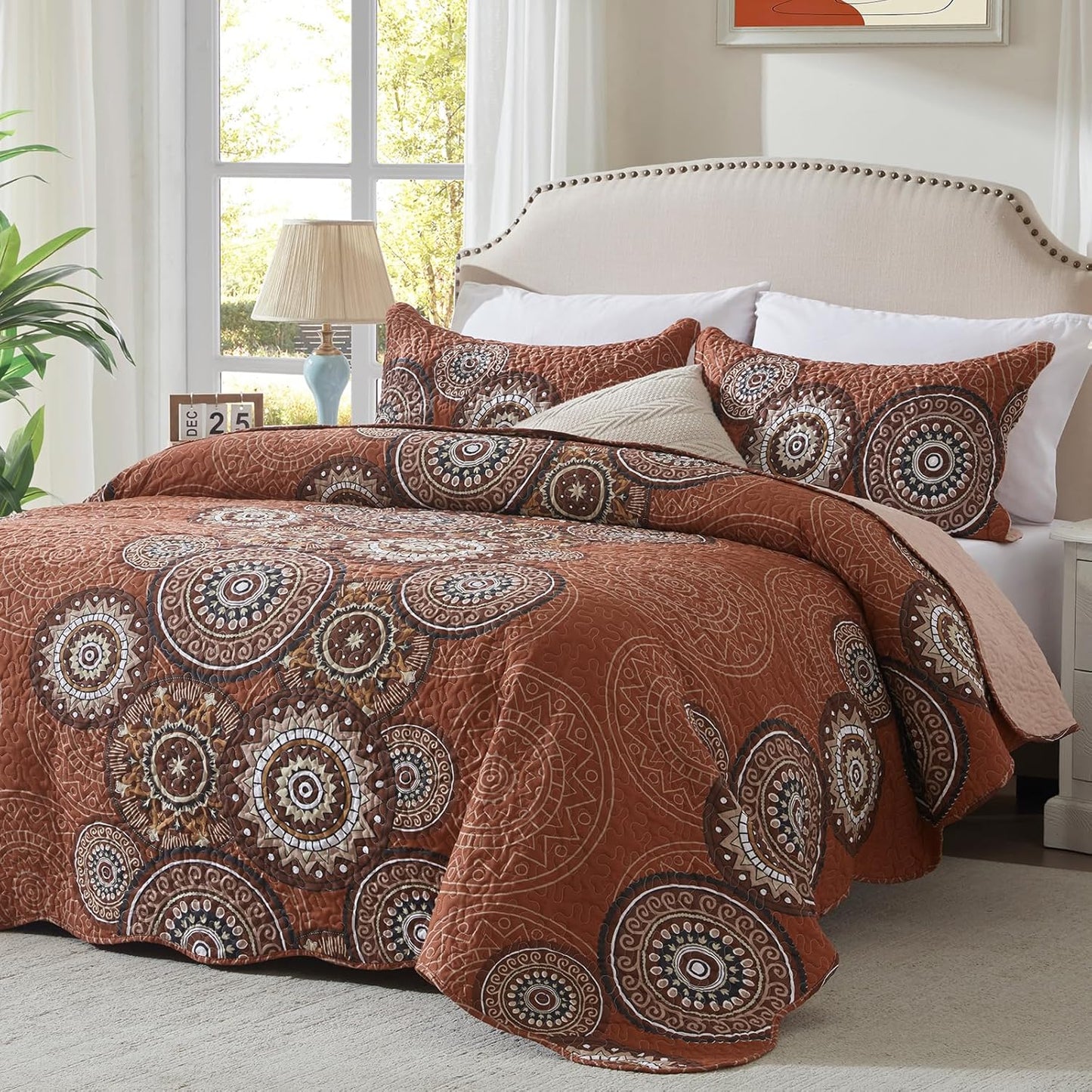 LEAONME Quilt Set Full/Queen Size 3 Piece Bedspread Coverlet Lightweight Comforter Microfiber Bedding Set All Season Oversized 90x98 Inch Bed Cover Bohemian Burnt Orange/Rust(1 Quilt,2 Pillow Shams)