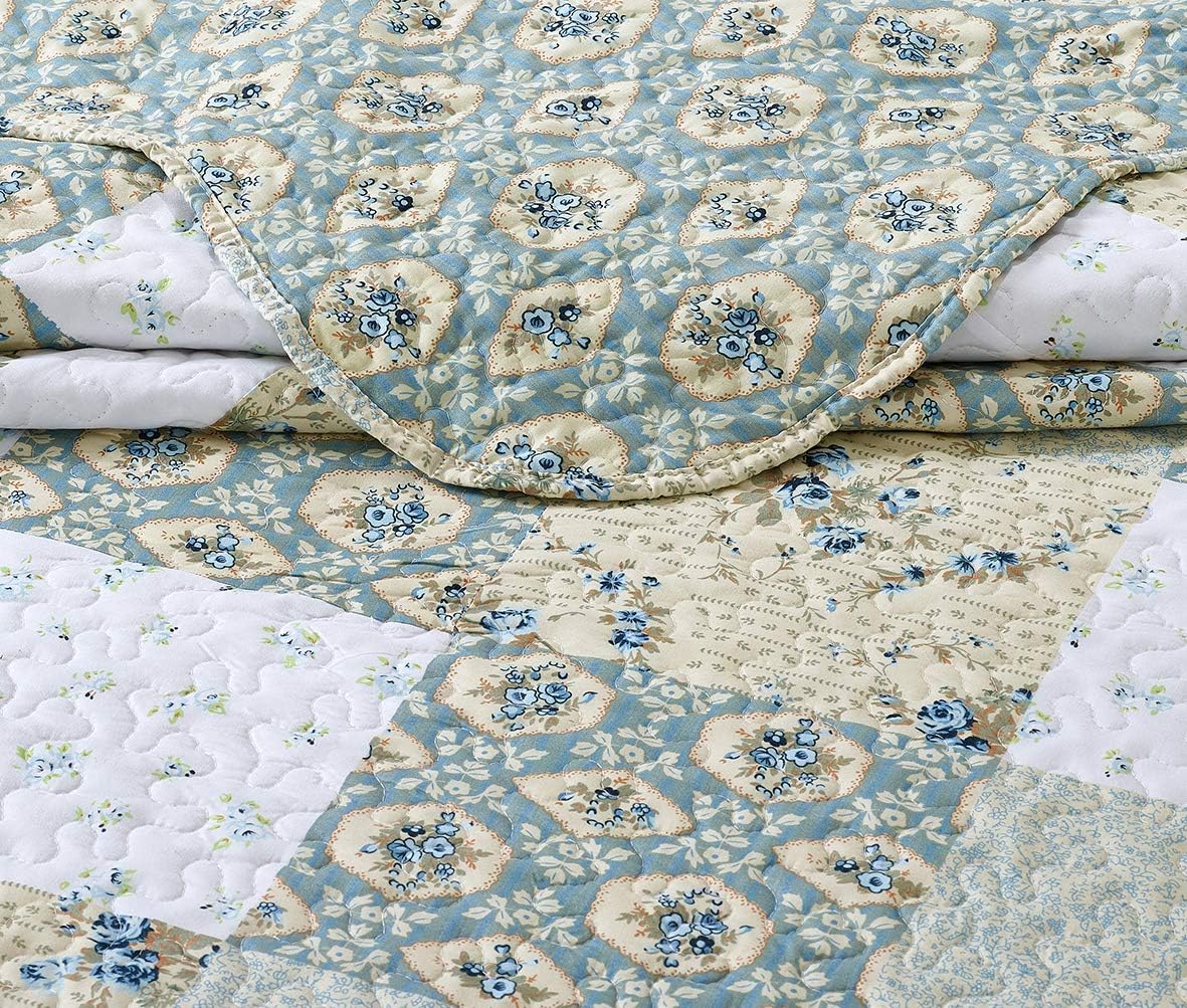 All American Collection New Reversible 3pc Floral Printed Patchwork Blue/Green Bedspread/Quilt Set Matching Curtains Available (King/Cal King Size)