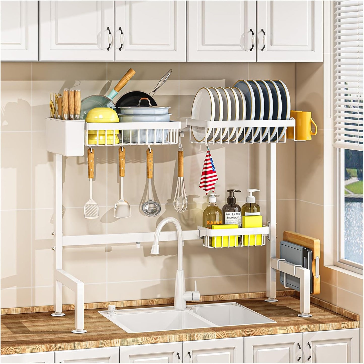 YKLSLH 4 Baskets Over The Sink Dish Drying Rack, Extendable Large Capacity Sink Rack, Metal Drying Rack Saving Space,for Most Sinks (24.8 "-35.4")