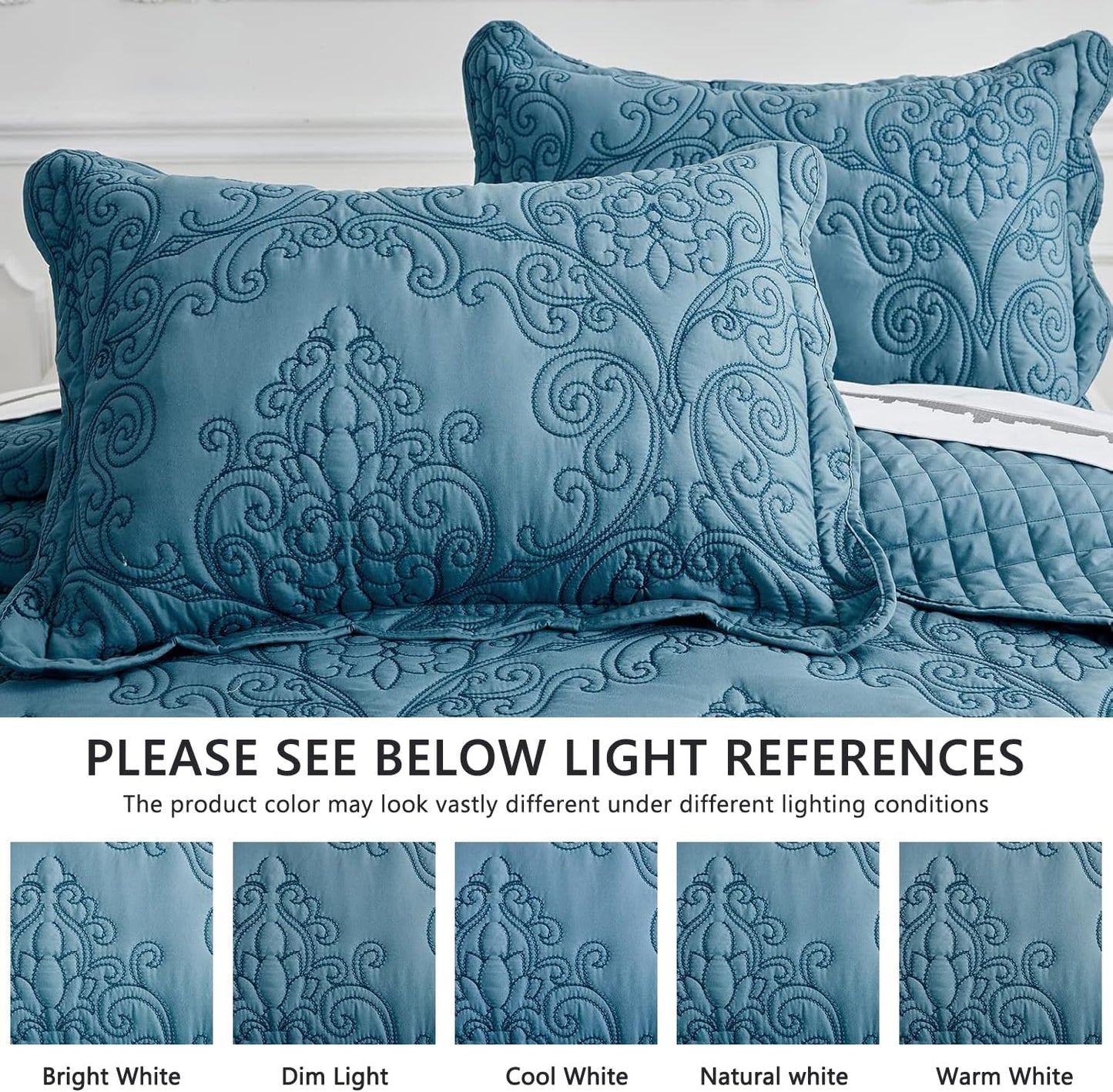 CHIXIN Oversized Bedspread Coverlet Set King Size - Lightweight Bedding Cover - Beautiful Stitching - 5 Piece Reversible Bedspread - Luxury Damask Paisley Pattern (King, Lagoon)