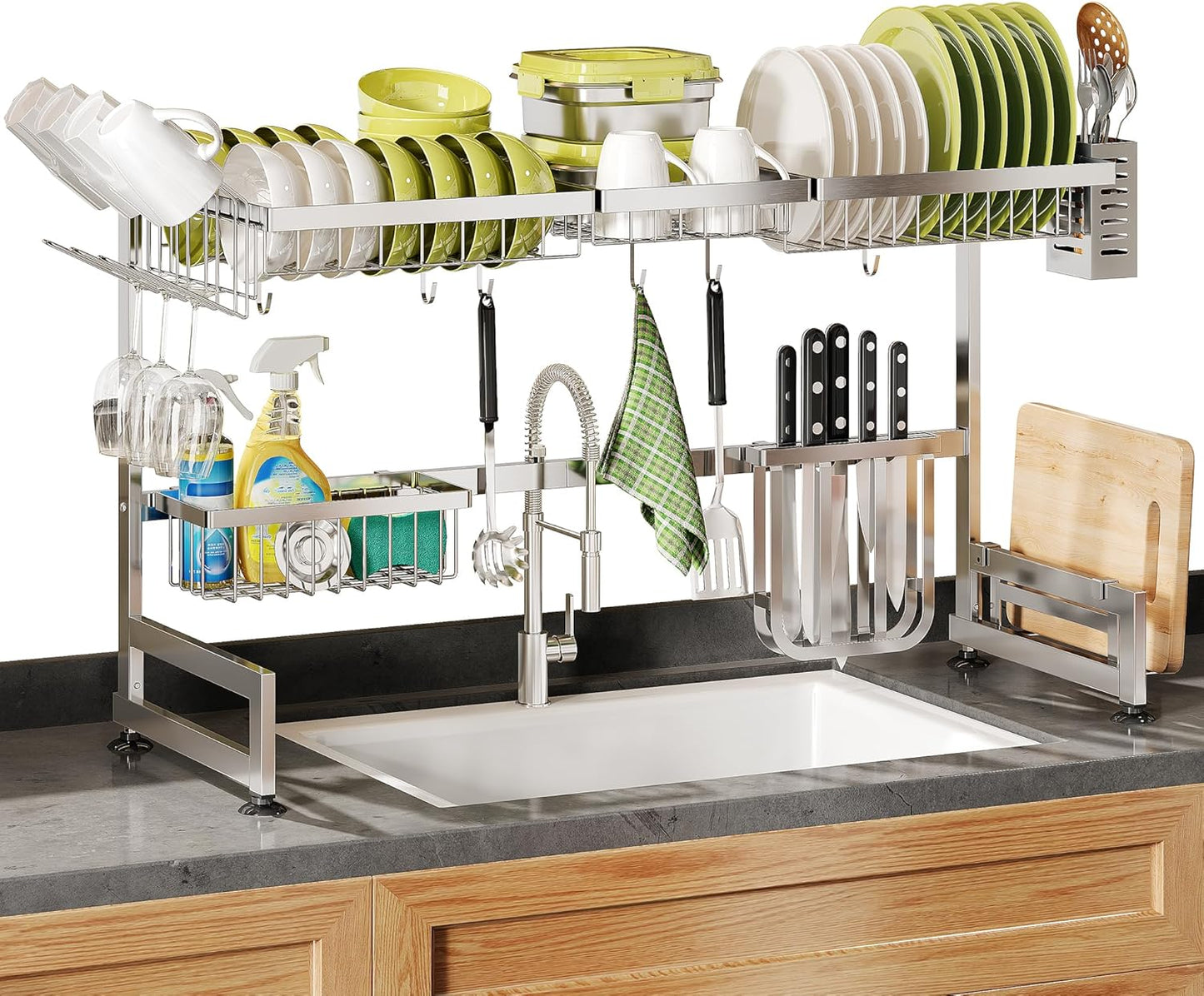 3 Tier Extra Large Stainless Steel Expandable Over The Sink Dish Drainer Drying Rack, Rust Proof Metal, Space Saving, Modern Silver Big Capacity Extendable Plate Strainers Above Kitchen Counter