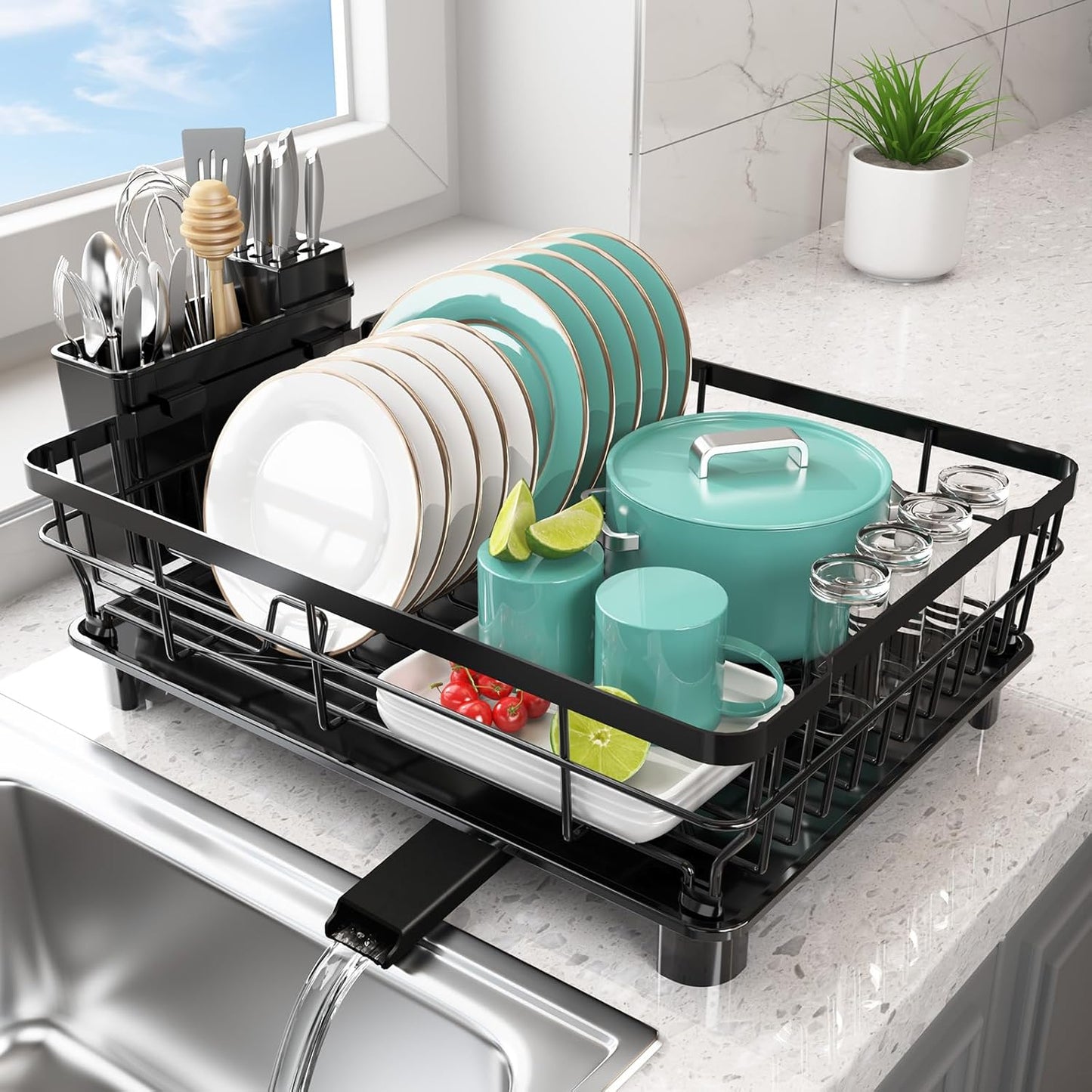 Dish Drying Rack - Space Saving Dish Rack - Dish Racks for Kitchen Counter with Drainboard,Rustproof Dish Drainer with Removable Utensil Holder,White
