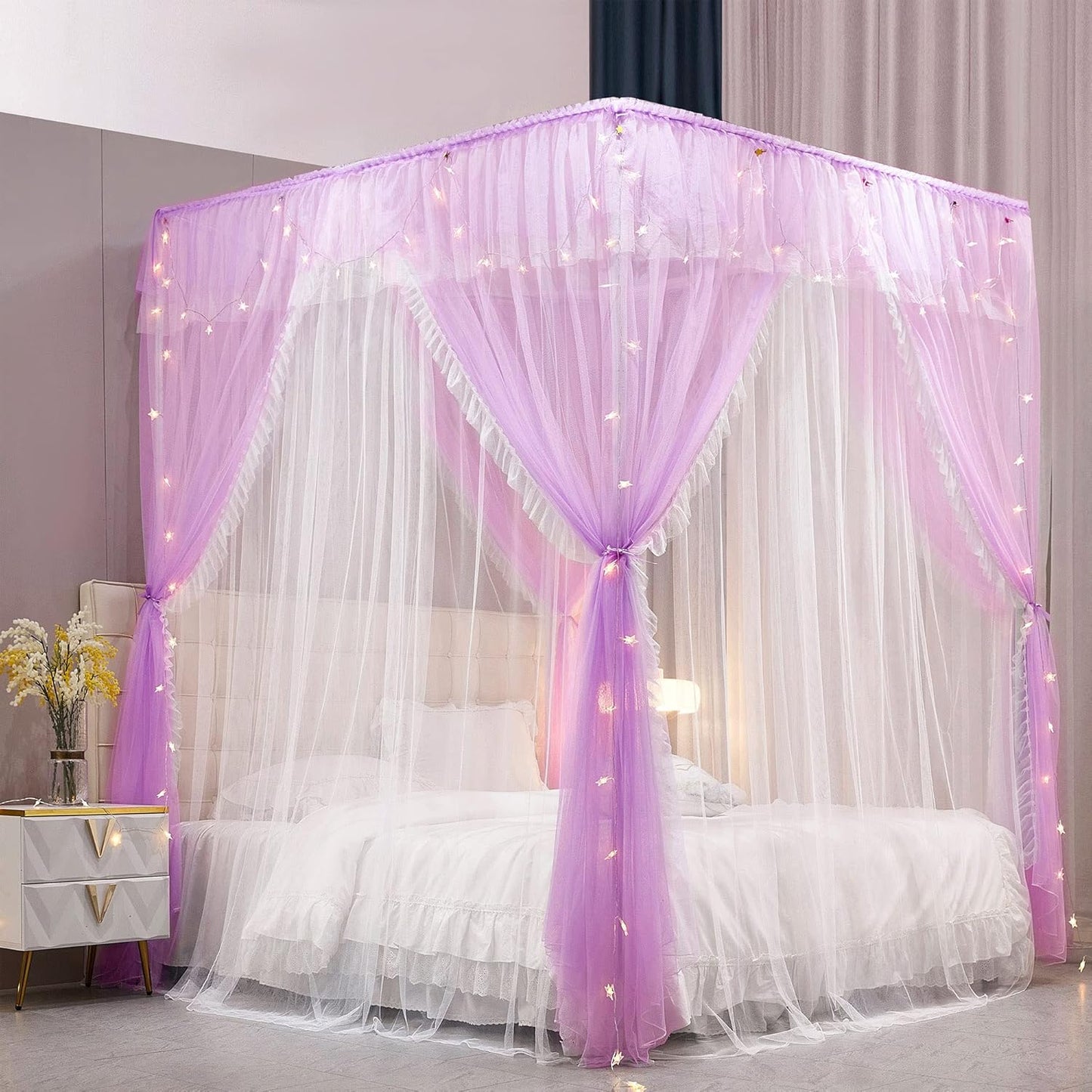 VETHIN 4 Corners Post Ruffle Princess Bed Canopy Curtain-Double Layer Cozy Drape Netting 4 Opening Mosquito Net for Girls Adults Bedroom Decoration (Gray/White,78" W*86" L*82"*H/King)