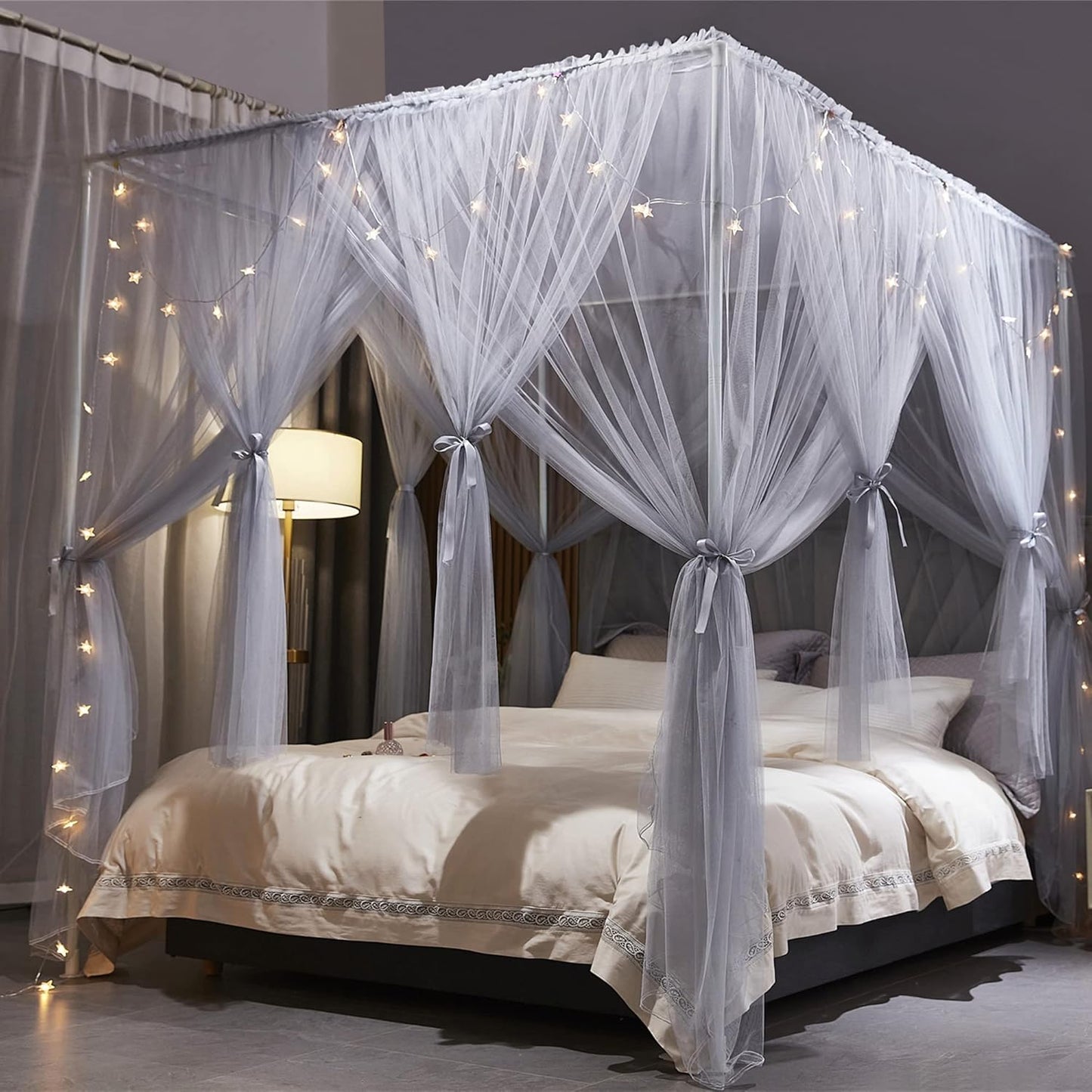 VETHIN 4 Corners Post Princess Bed Canopy Curtain Double Layer Cozy Drape Netting 4 Opening Mosquito Net for Girls & Adults Bedroom Decoration Accessories (Double White, 59" W*82" L*82"*H/(Queen))