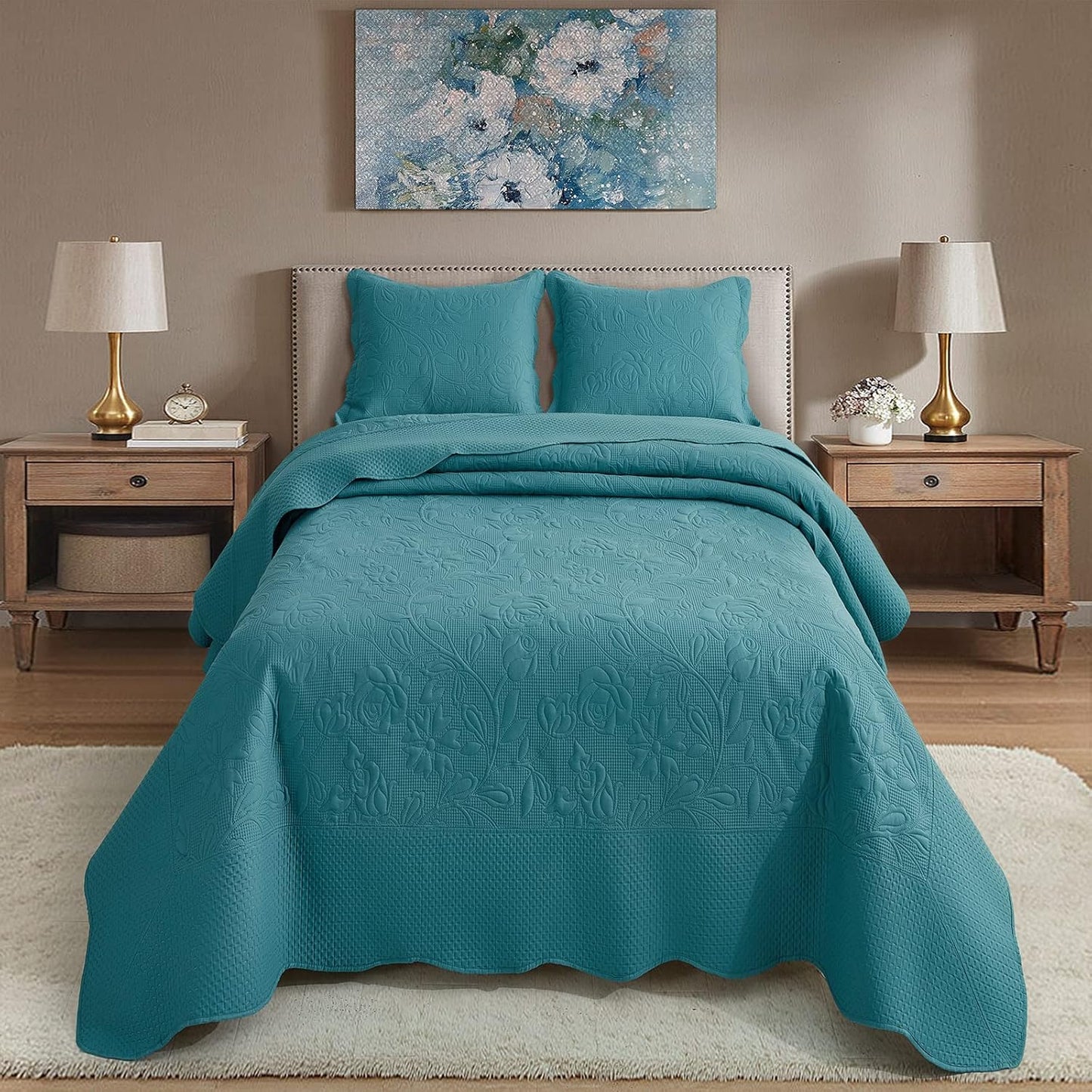 CHIXIN Oversized Bedspread Coverlet Set King Size - Lightweight Bedding Cover - Beautiful Stitching - 5 Piece Reversible Bedspread - Luxury Damask Paisley Pattern (King, Lagoon)