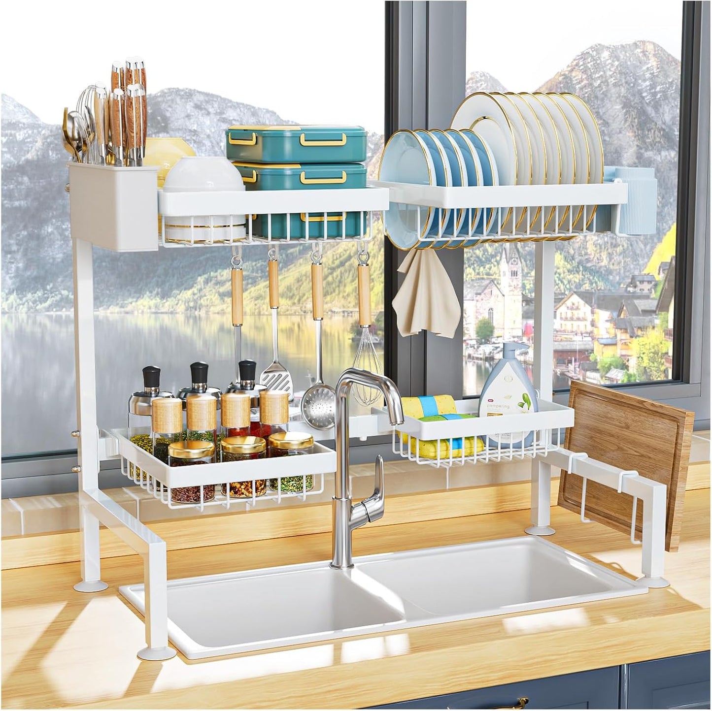 YKLSLH 4 Baskets Over The Sink Dish Drying Rack, Extendable Large Capacity Sink Rack, Metal Drying Rack Saving Space,for Most Sinks (24.8 "-35.4")