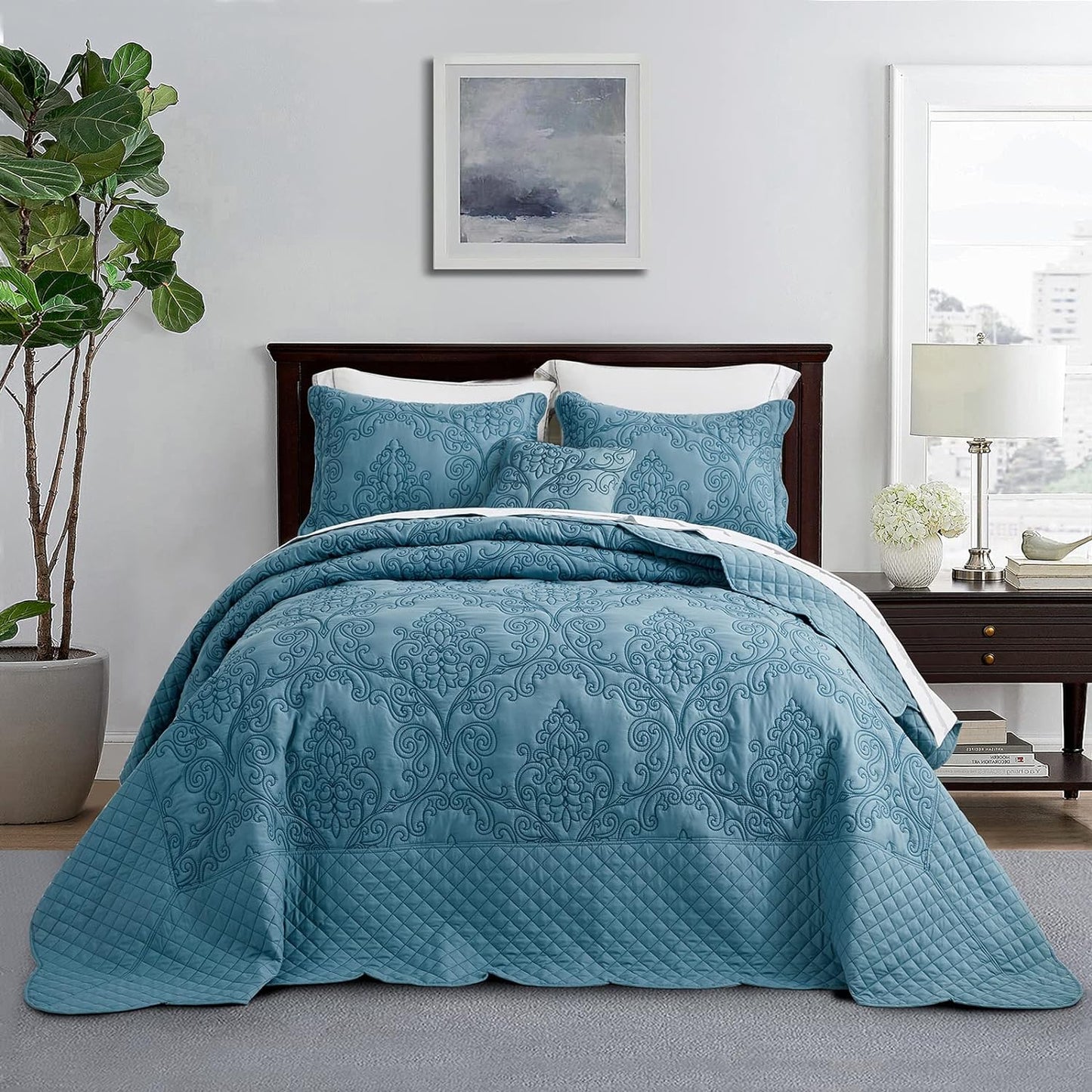 CHIXIN Oversized Bedspread Coverlet Set King Size - Lightweight Bedding Cover - Beautiful Stitching - 5 Piece Reversible Bedspread - Luxury Damask Paisley Pattern (King, Lagoon)