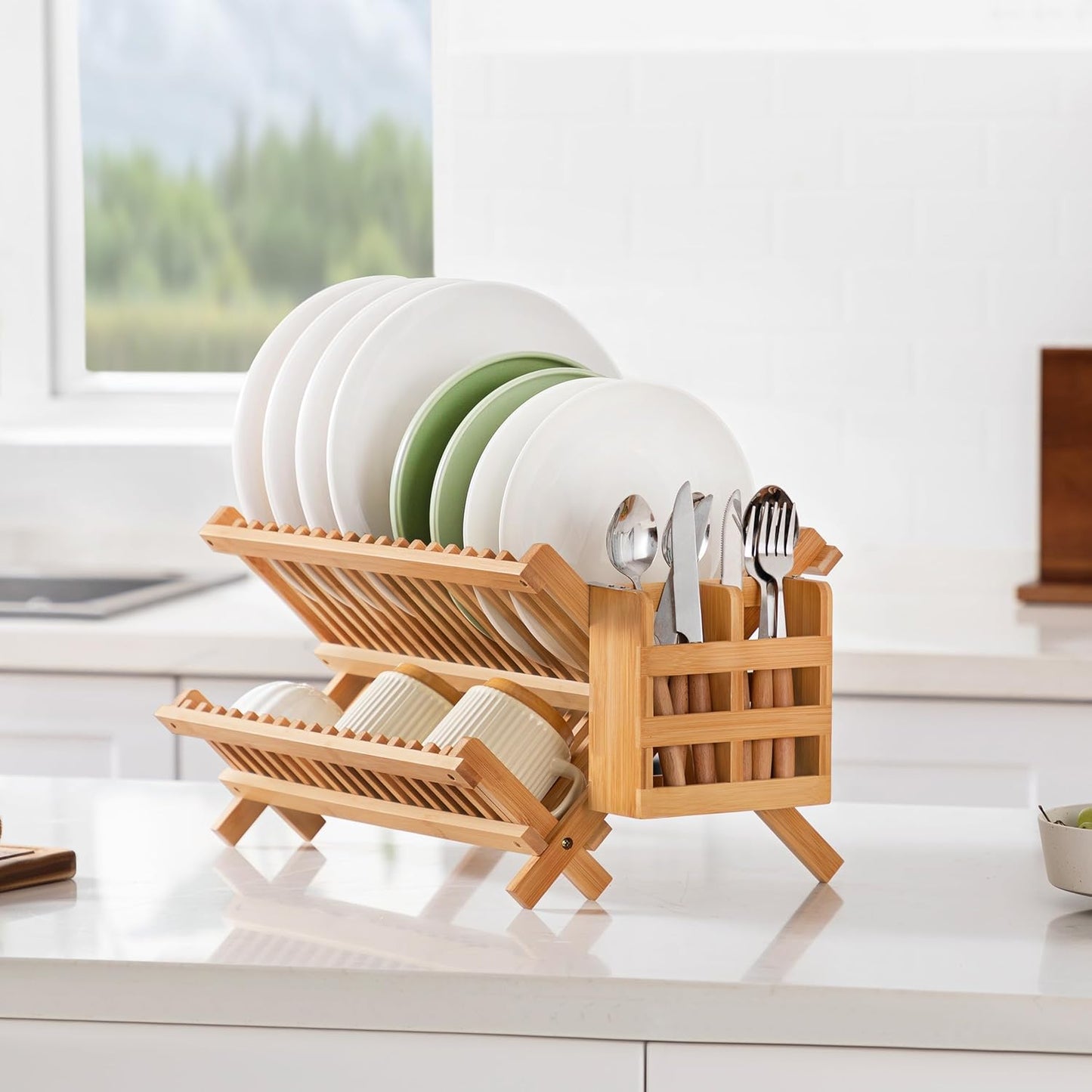 Bamboo Dish Drying Rack with Utensil Holder, 2 Tier Collapsible Dish Rack for Kitchen Counter, Large Folding Drying Holder, Dish Drainer, Kitchen Organizers and Storage