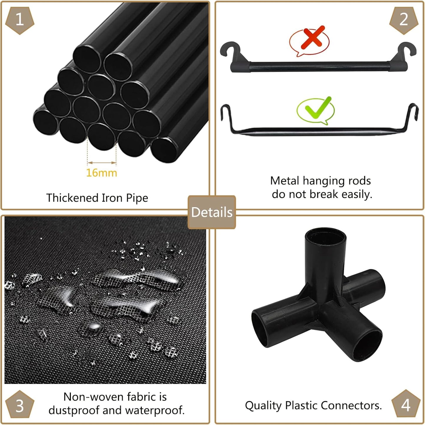 SORCEDAS Portable Wardrobe Closet Storage Organizer Metal Hanging Rack Non-Woven Fabric (Black, 51 Inch)