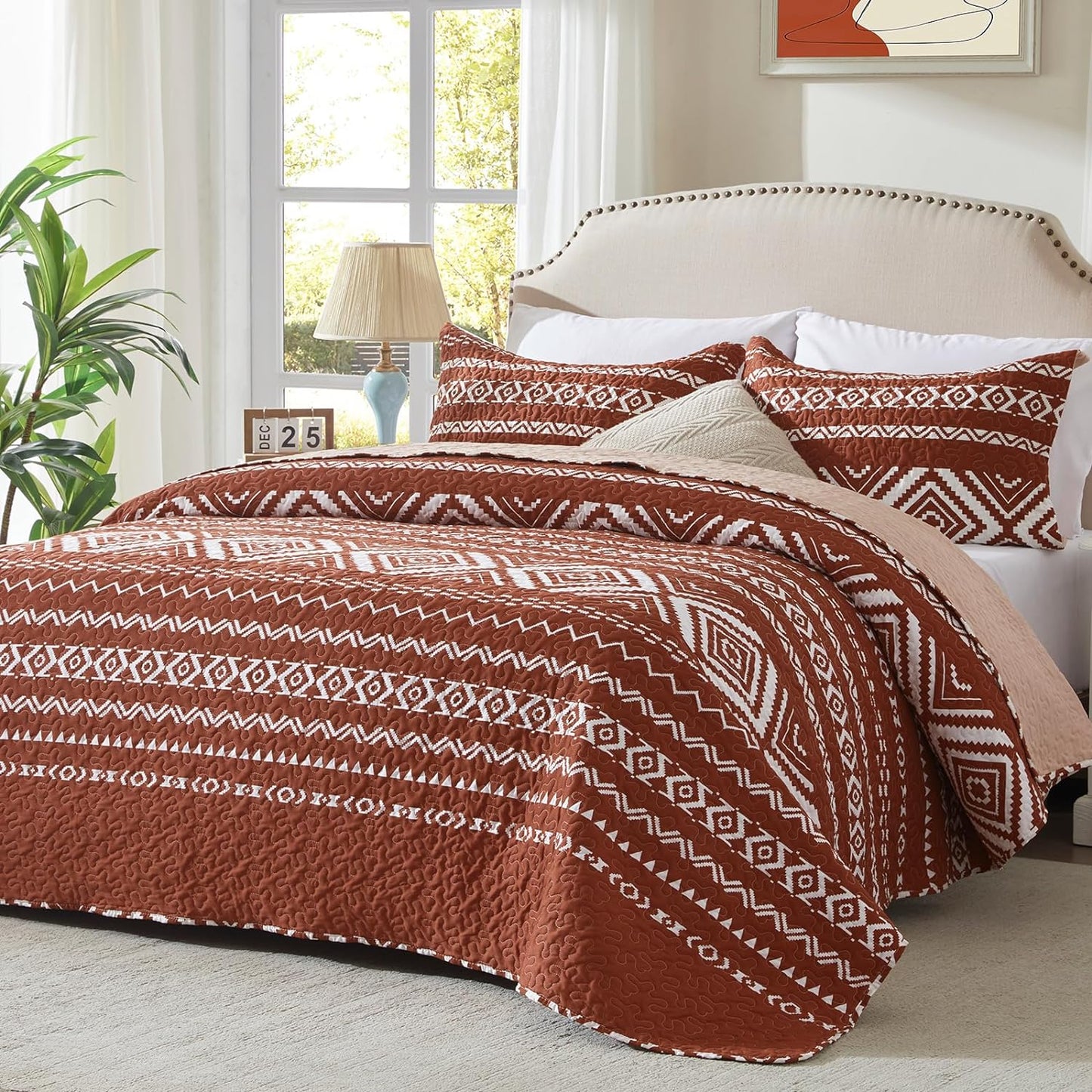 LEAONME Quilt Set Full/Queen Size 3 Piece Bedspread Coverlet Lightweight Comforter Microfiber Bedding Set All Season Oversized 90x98 Inch Bed Cover Bohemian Burnt Orange/Rust(1 Quilt,2 Pillow Shams)