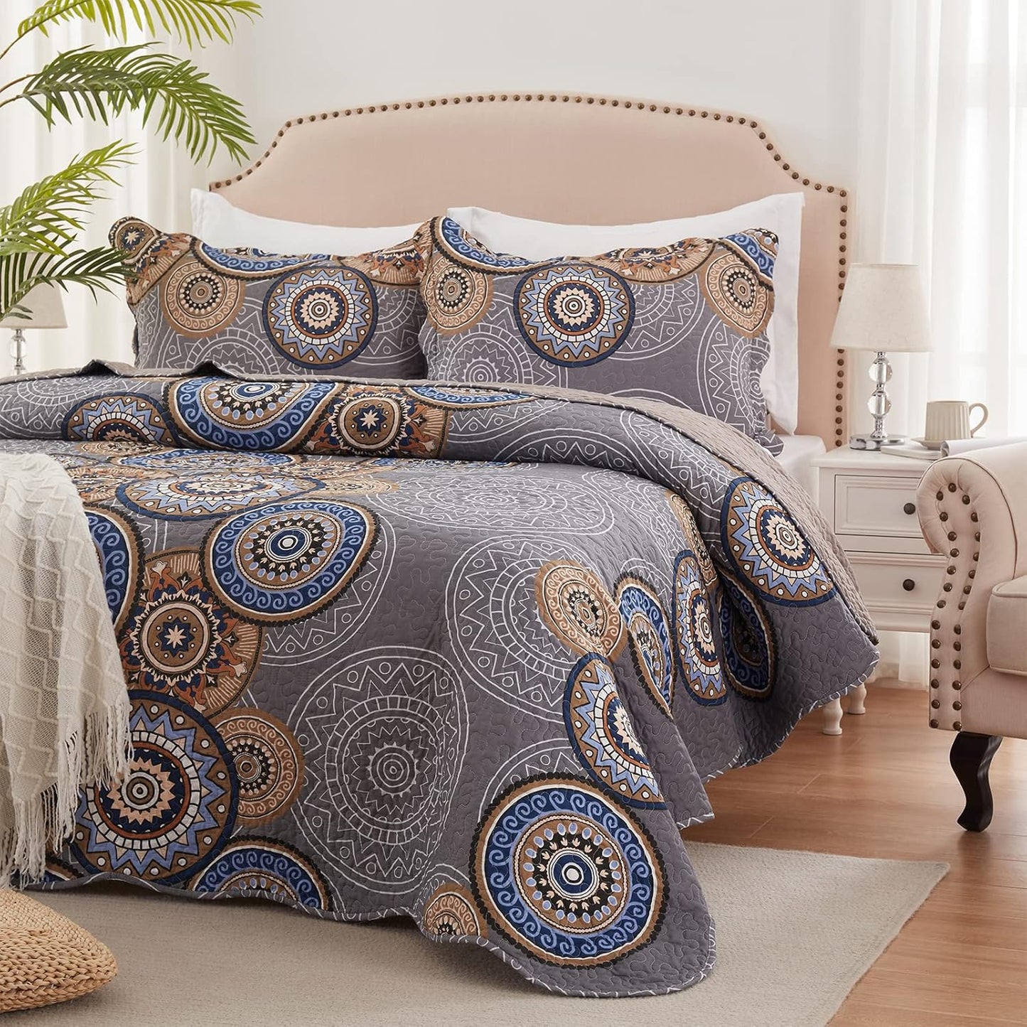 LEAONME Quilt Set Full/Queen Size 3 Piece Bedspread Coverlet Lightweight Comforter Microfiber Bedding Set All Season Oversized 90x98 Inch Bed Cover Bohemian Burnt Orange/Rust(1 Quilt,2 Pillow Shams)