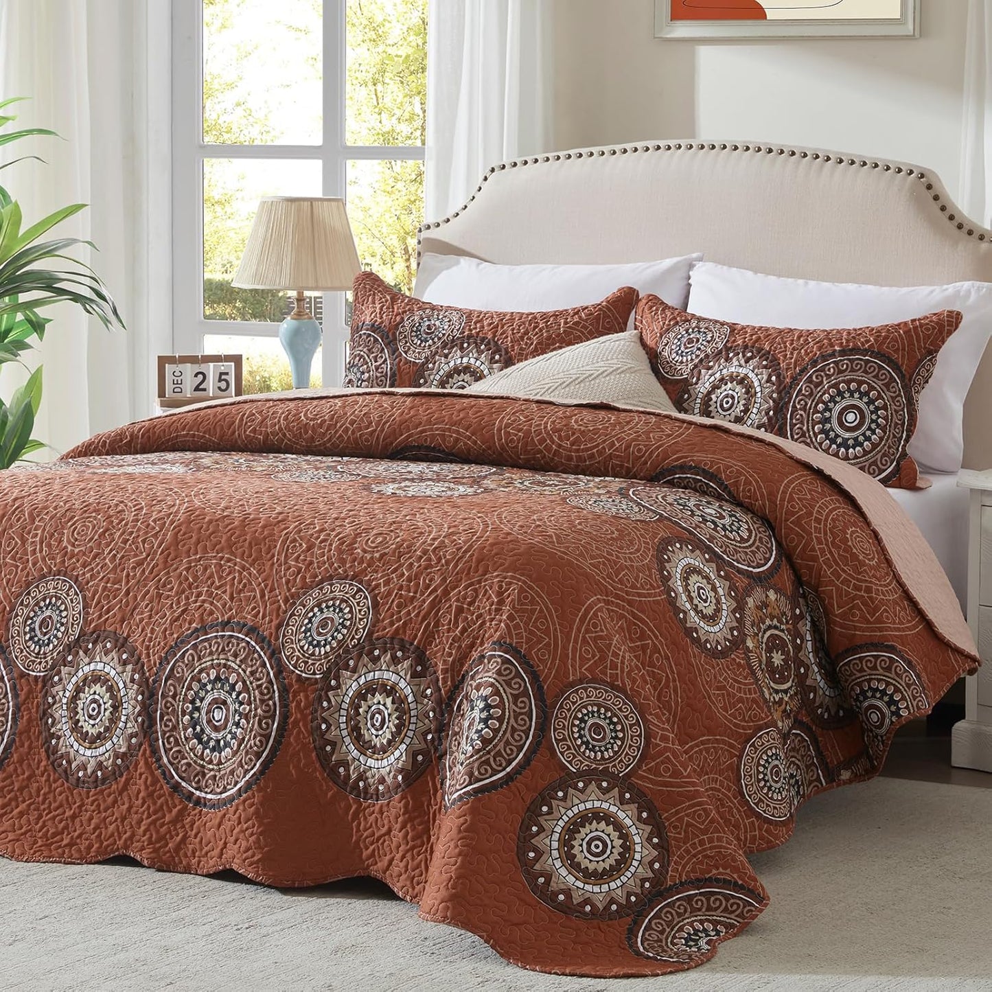 LEAONME Quilt Set Full/Queen Size 3 Piece Bedspread Coverlet Lightweight Comforter Microfiber Bedding Set All Season Oversized 90x98 Inch Bed Cover Bohemian Burnt Orange/Rust(1 Quilt,2 Pillow Shams)