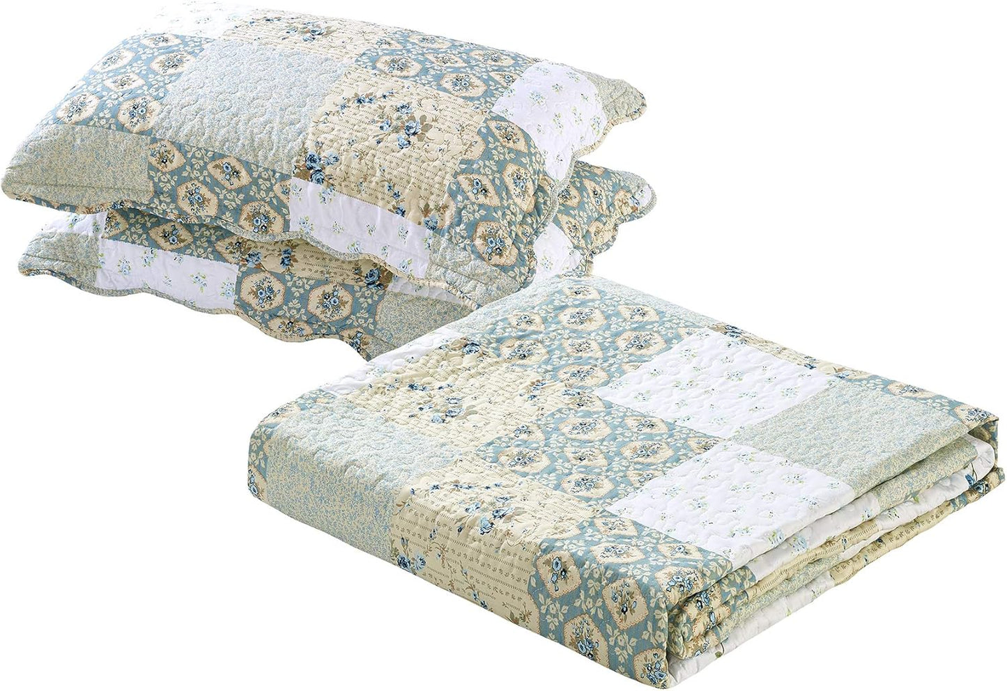 All American Collection New Reversible 3pc Floral Printed Patchwork Blue/Green Bedspread/Quilt Set Matching Curtains Available (King/Cal King Size)