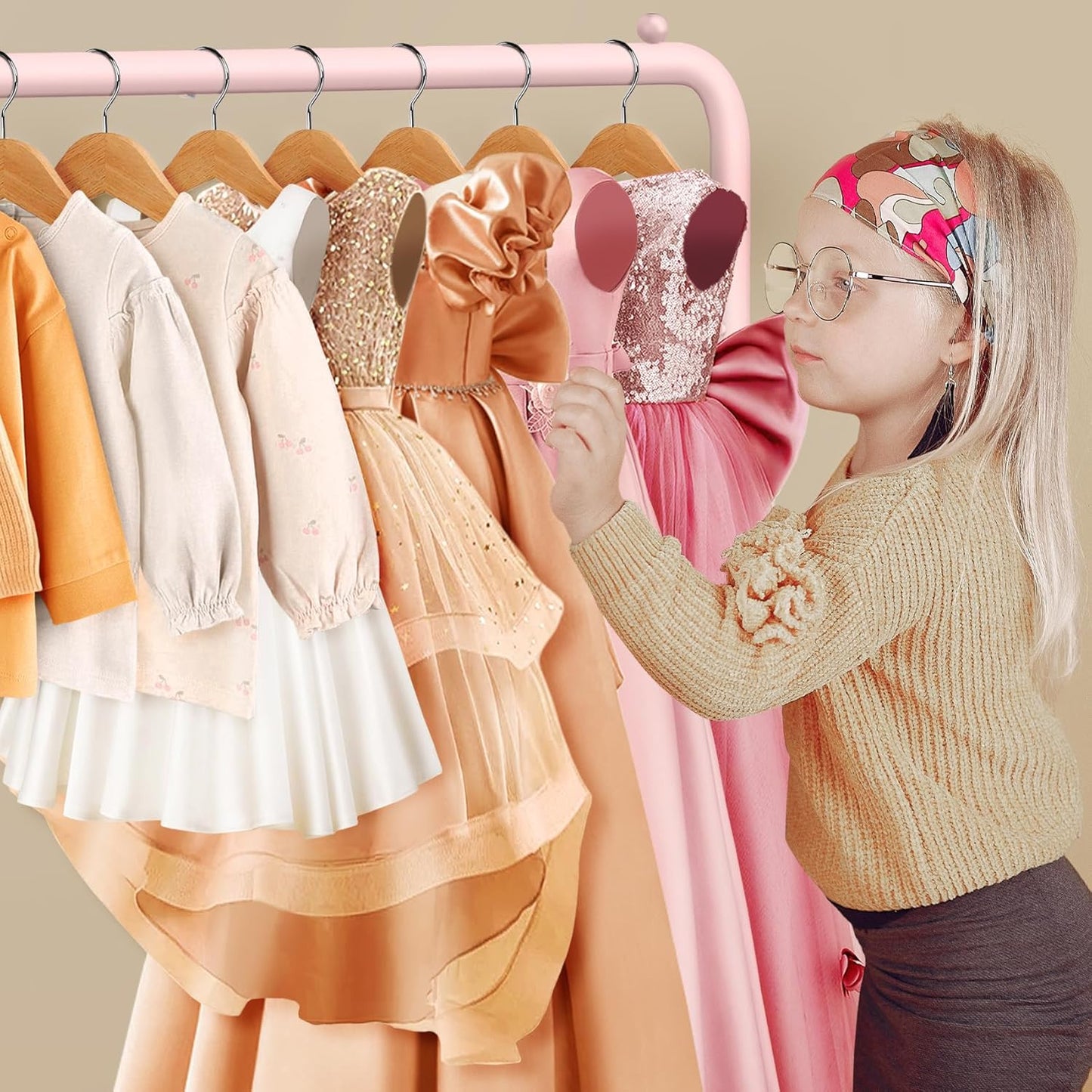 Kids Clothing Rack - Dress Up Storage - Dress Up Rack for Little Girls - Small Kids Costume Wardrobe with 2 Fabric Shelves - Princess Room Bedroom Decor