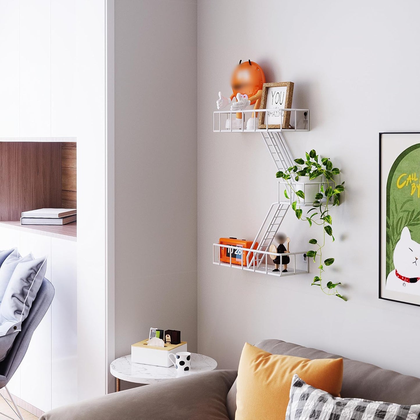 Fire Escape Wall Shelf with Baskets, 3-Tier Metal Fire Escape Ladder Shelf Wall Organizer, New York Inspired Decorative Shelf, White Floating Action Figurine Display Shelves for Bedroom, Home Décor.…