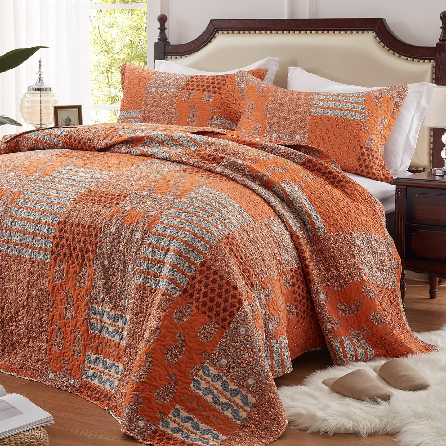LEAONME Quilt Set Full/Queen Size 3 Piece Bedspread Coverlet Lightweight Comforter Microfiber Bedding Set All Season Oversized 90x98 Inch Bed Cover Bohemian Burnt Orange/Rust(1 Quilt,2 Pillow Shams)