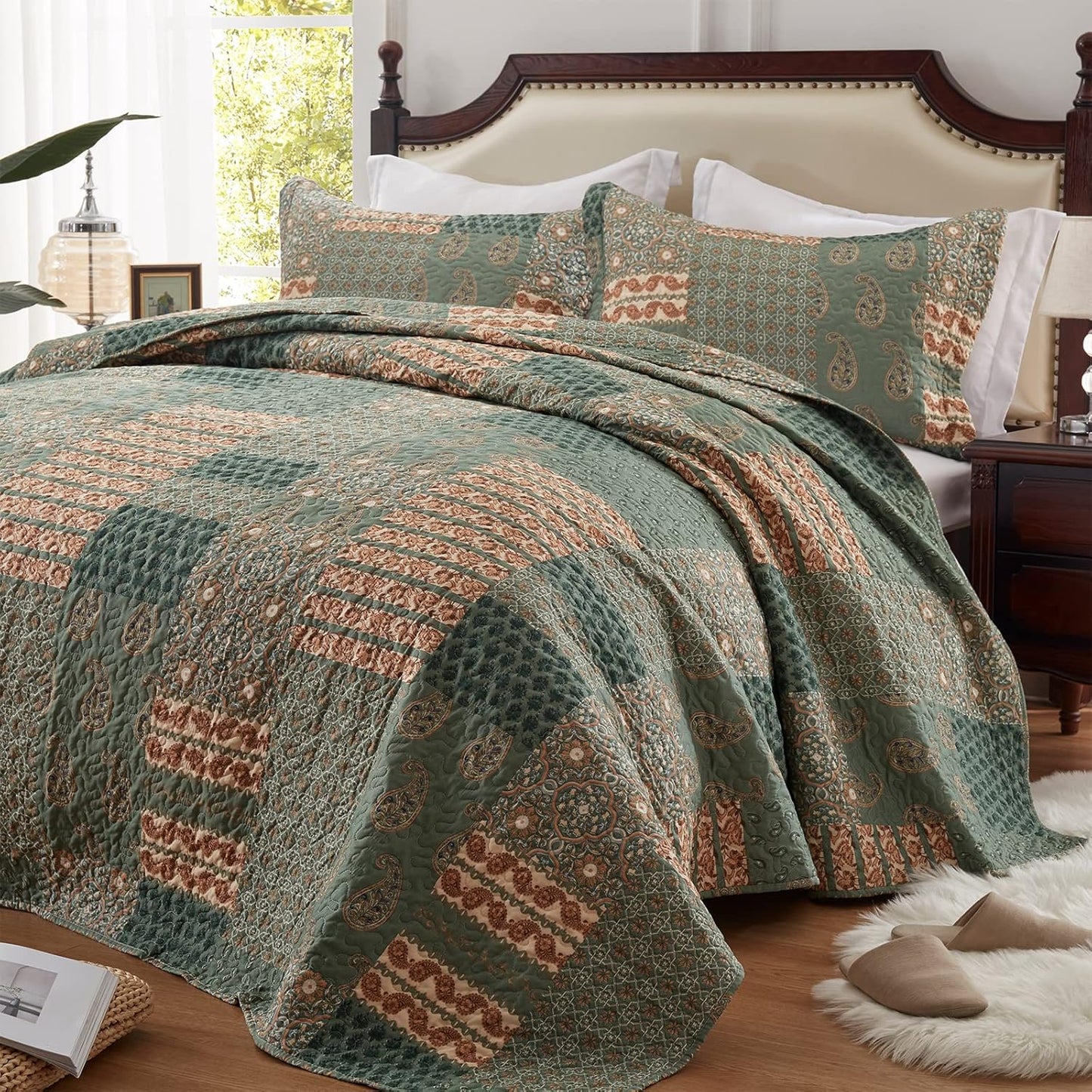 LEAONME Quilt Set Full/Queen Size 3 Piece Bedspread Coverlet Lightweight Comforter Microfiber Bedding Set All Season Oversized 90x98 Inch Bed Cover Bohemian Burnt Orange/Rust(1 Quilt,2 Pillow Shams)