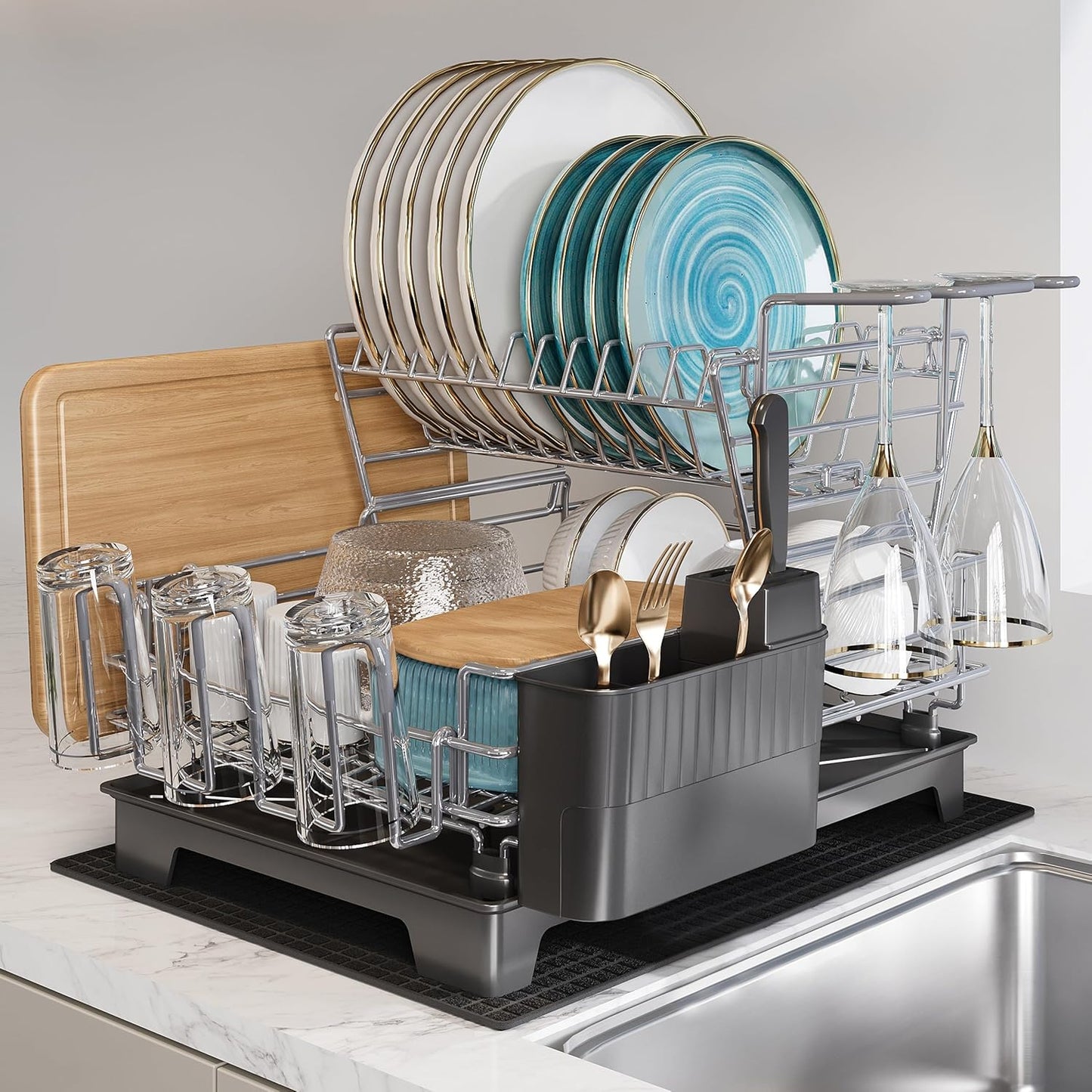 3 Tier Extra Large Stainless Steel Expandable Over The Sink Dish Drainer Drying Rack, Rust Proof Metal, Space Saving, Modern Silver Big Capacity Extendable Plate Strainers Above Kitchen Counter