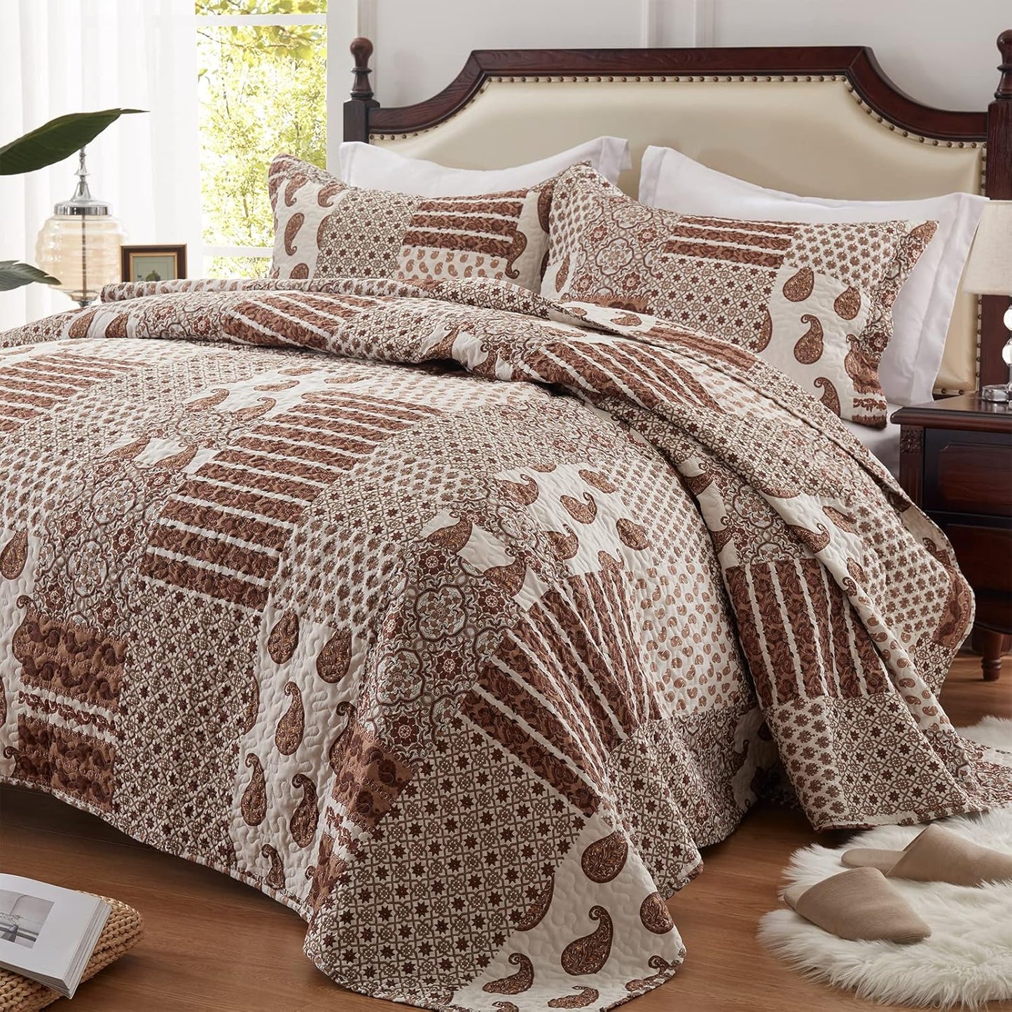 LEAONME Quilt Set Full/Queen Size 3 Piece Bedspread Coverlet Lightweight Comforter Microfiber Bedding Set All Season Oversized 90x98 Inch Bed Cover Bohemian Burnt Orange/Rust(1 Quilt,2 Pillow Shams)