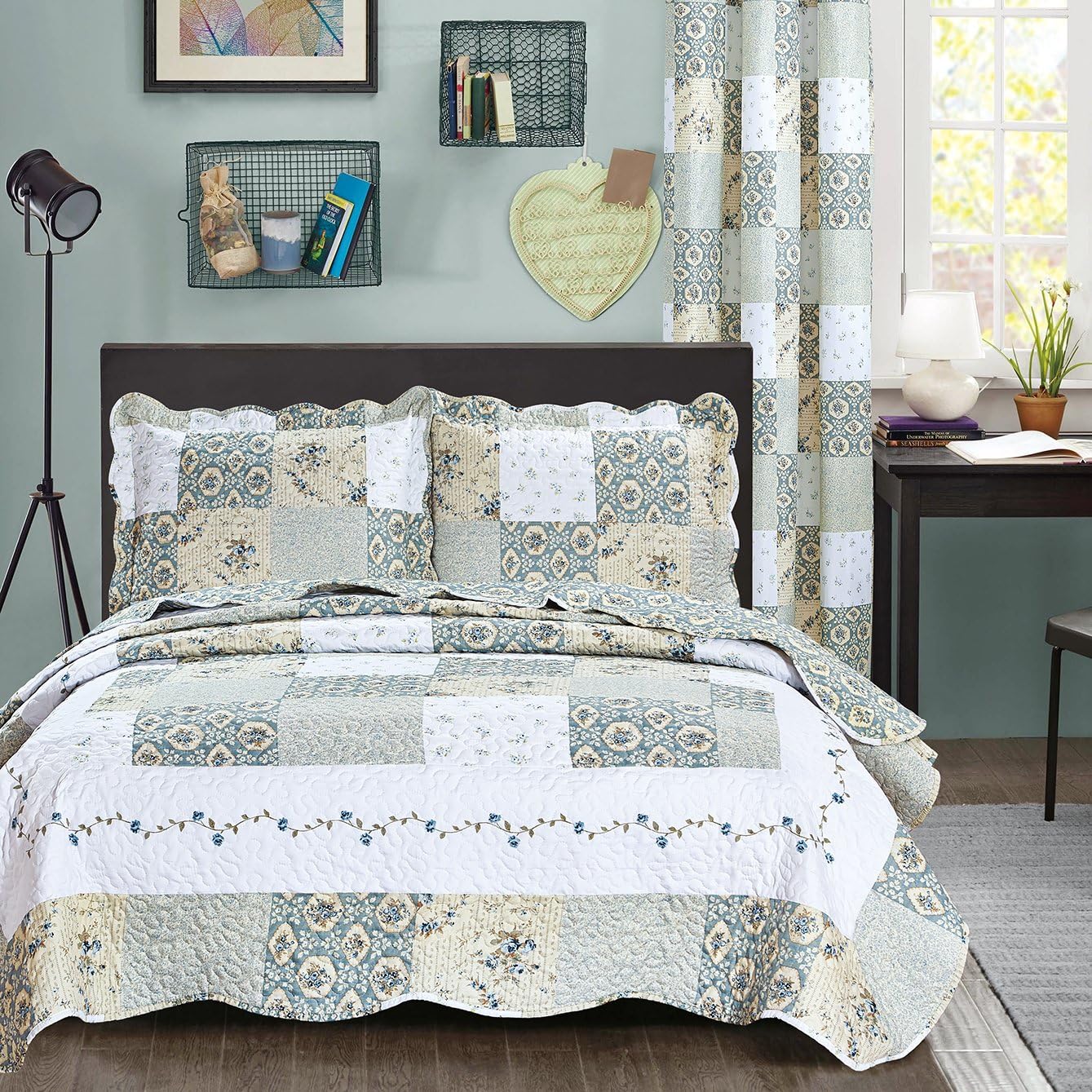 All American Collection New Reversible 3pc Floral Printed Patchwork Blue/Green Bedspread/Quilt Set Matching Curtains Available (King/Cal King Size)