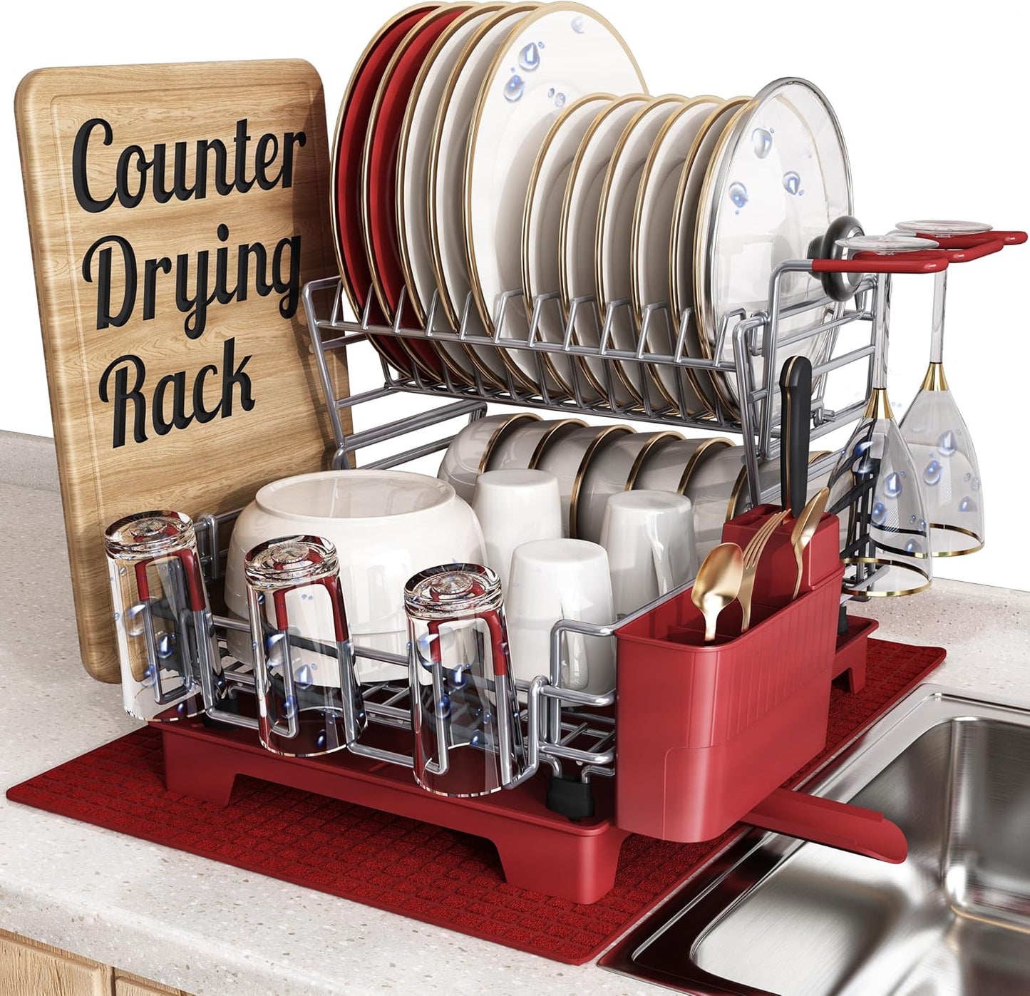 3 Tier Extra Large Stainless Steel Expandable Over The Sink Dish Drainer Drying Rack, Rust Proof Metal, Space Saving, Modern Silver Big Capacity Extendable Plate Strainers Above Kitchen Counter