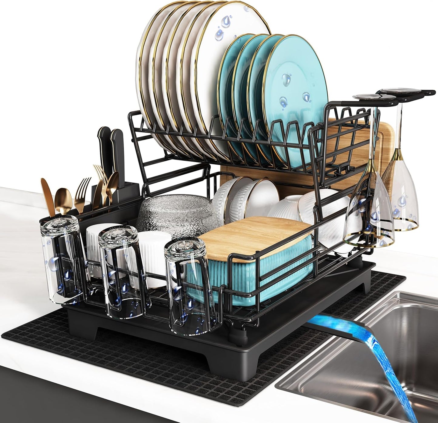 3 Tier Extra Large Stainless Steel Expandable Over The Sink Dish Drainer Drying Rack, Rust Proof Metal, Space Saving, Modern Silver Big Capacity Extendable Plate Strainers Above Kitchen Counter